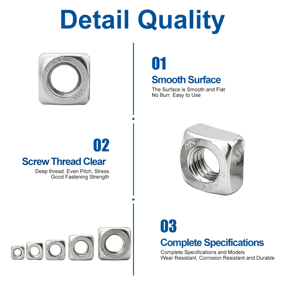 AQXYWQLA DIN562 Square Thin Nuts – Stainless Steel A2, M3 M4 M5 M6 M8, Lightweight & Durable, Easy Install, Pack Of 10-50 (M3 20pcs Shown)