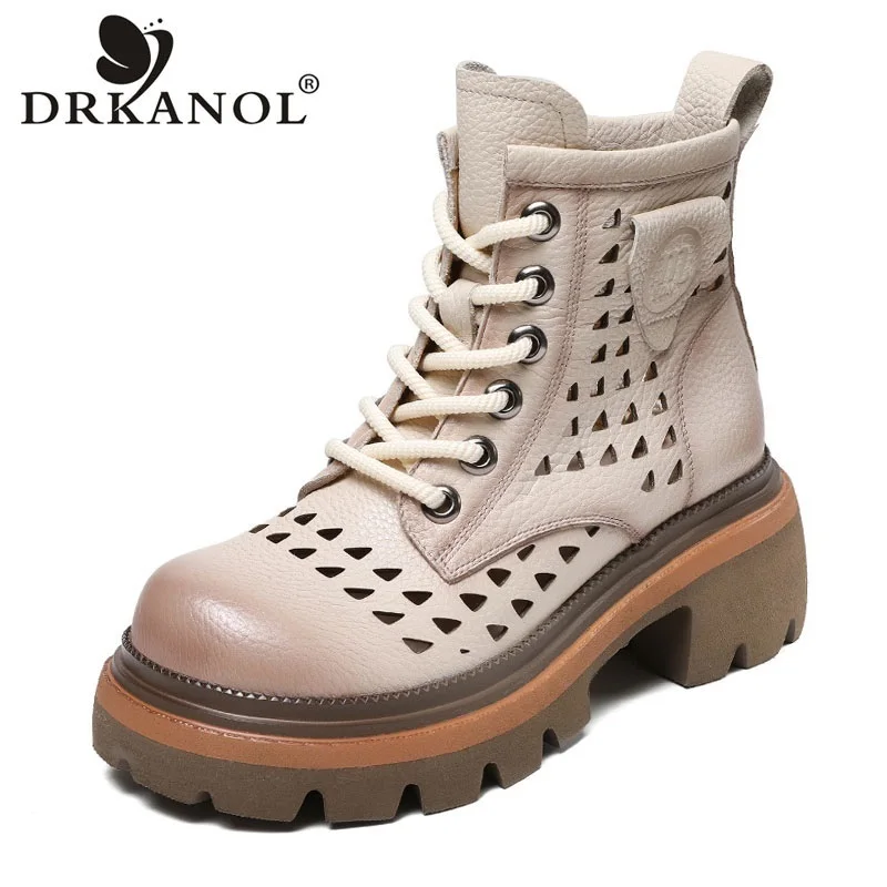 

DRKANOL 2026 Women Thick High Heel Cool Boots Summer Hollow Out Breathable Genuine Leather Big Toe Chunky Platform Ankle Boots