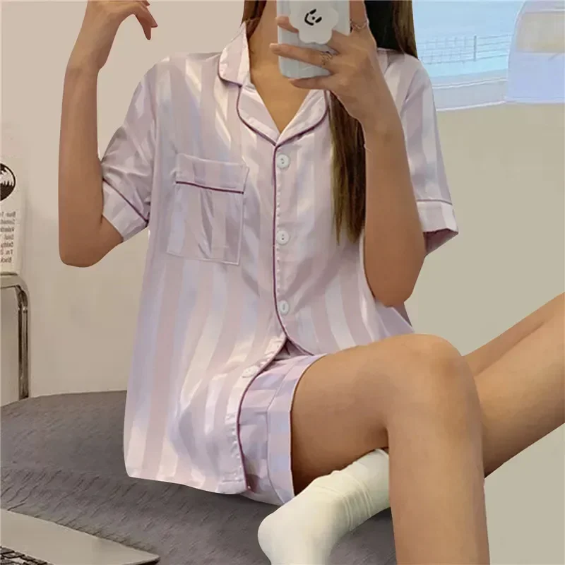 Cotton Suit Sets Home Sleeve Sleepwear Pajamas Set Korean Shorts Short Summer Loose New Women Pajama Silk Top Casual