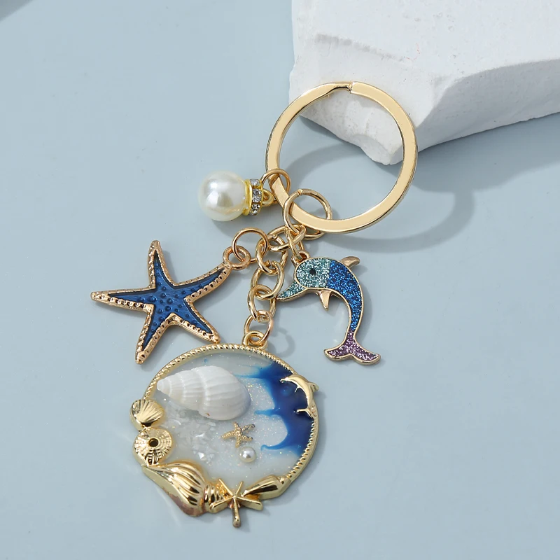 New  Starfish Conch Dolphin Pearl Enamel Keychain Beautiful Sea Beach Pendants For Making Handmade DIY Findings Jewelry