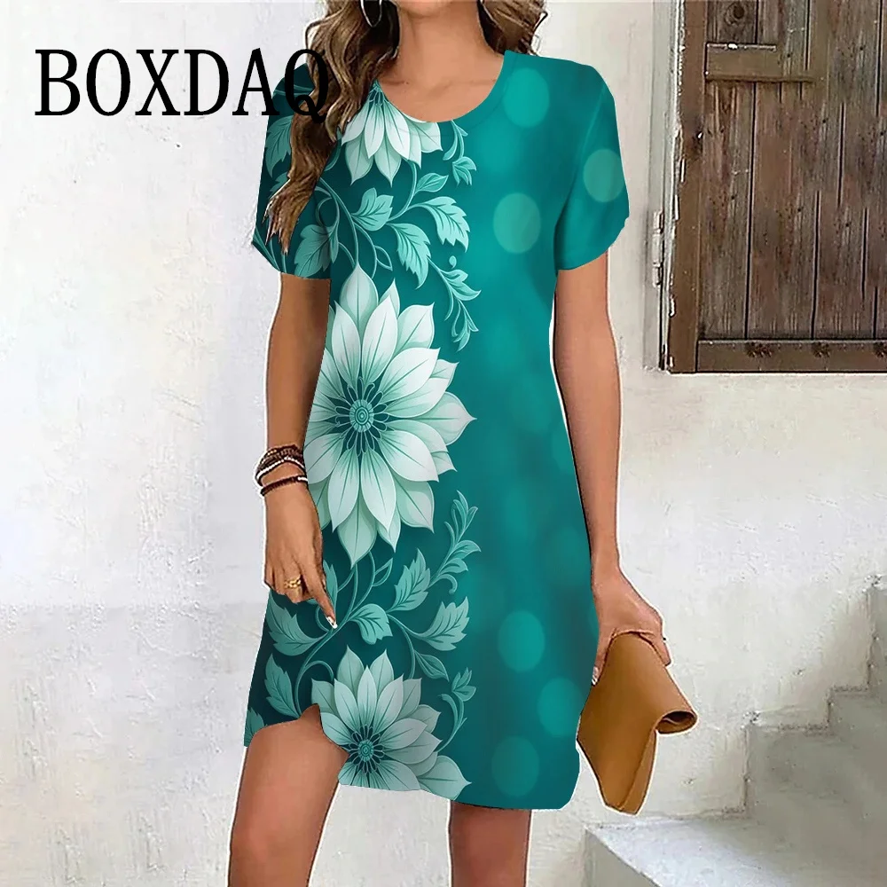 Elegant Retro Grid abstract Pattern Women's Dress Casual Loose Short Sleeve O-Neck A-Line Dress 2026 New Women Summer Sundress