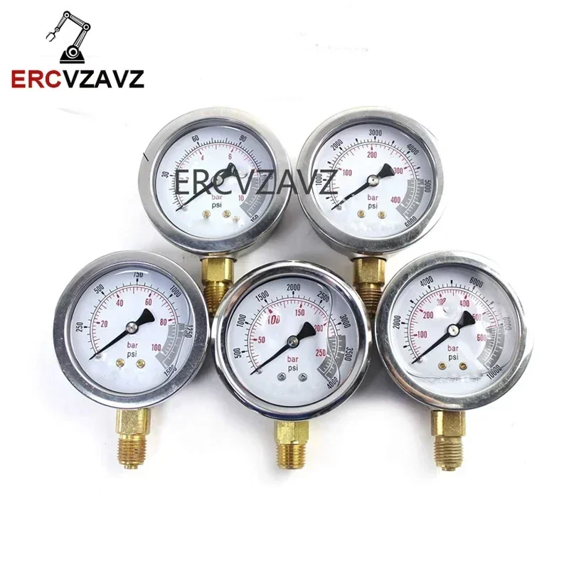 5pc NPT1/4 Hydraulic Pressure Gauge 1/10/25/40/60Mpa Economical Multi Purpose Double Scale Stainless Steel Glycerin Filled Gauge