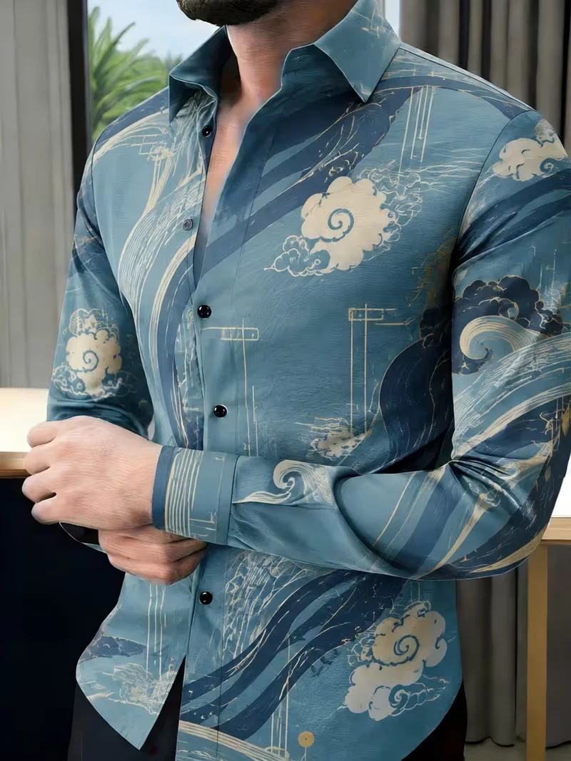 New Men's Brown Bottom Gold Geometric Line Printed Long Sleeve Shirt Retro Collar Button Open Men's Shirt