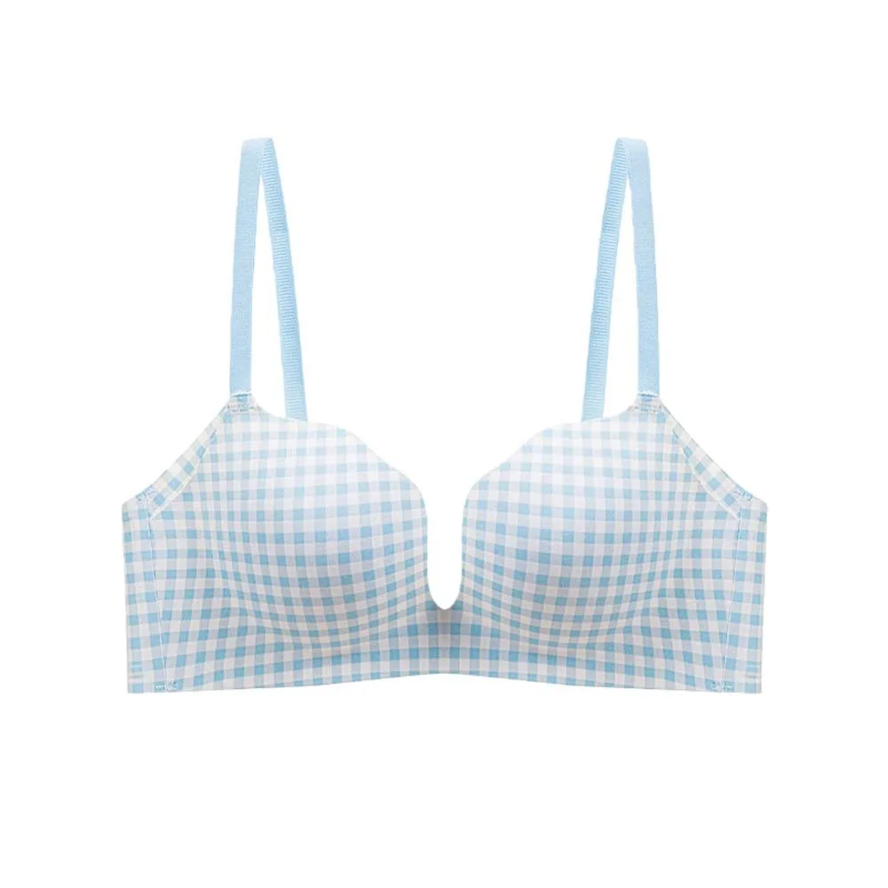 

Traceless Plaid Wireless Bra Deep U Wave Edge Grid Pattern Push Up Underwear Shockproof Anti-sagging Brassiere for Women Running