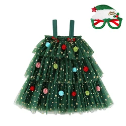 2025 Christmas Baby Girls Princess Tutu Dress Sleeveless Strap Layered Tulle Green Party Clothes 1-4Yrs Patry Birthdays Dresses