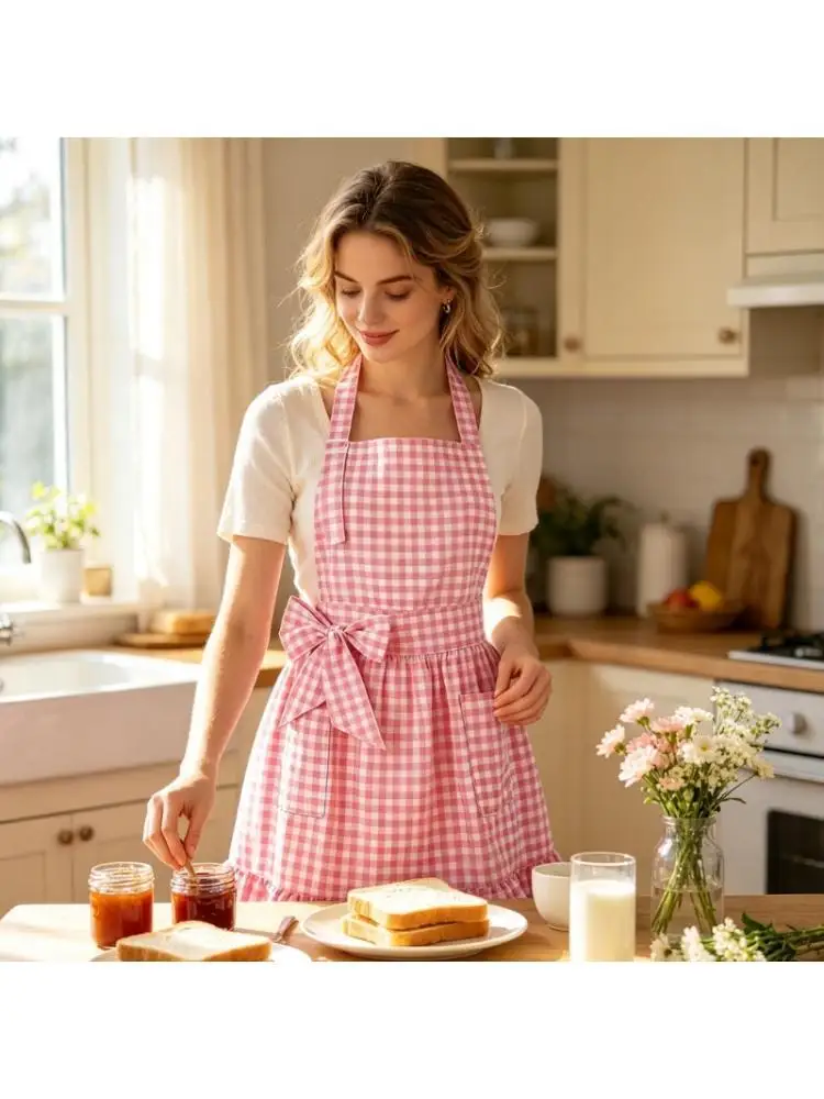 652F Cooking Apron with Checkered Pattern Front Pocket for Baking and Kitchen Use
