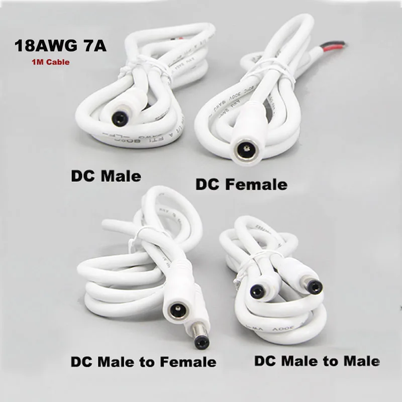 white 1m 2 pin wire DC Male Female Power Supply Connector extension cord Cable pigtail 18awg 7A 5.5x2.1mm Copper For cctv camera