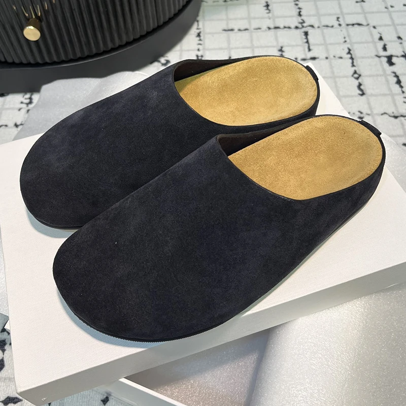 Women Round Wrap Toe Thick Sole Half Slippers Fashion Horsehair Slip on Platform Outside Slides Suede Leather Summer Causal Shoe