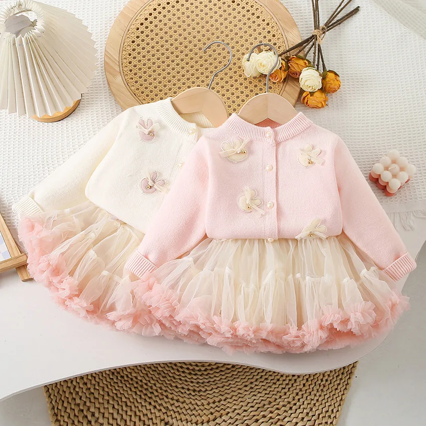 2-7 Y Girls Clothing Set  Single Breast Sweater Ruffle Tulle Skirts 2Pcs  Girls Knit Suit Bunny Cardigans Ball Gown Skirts