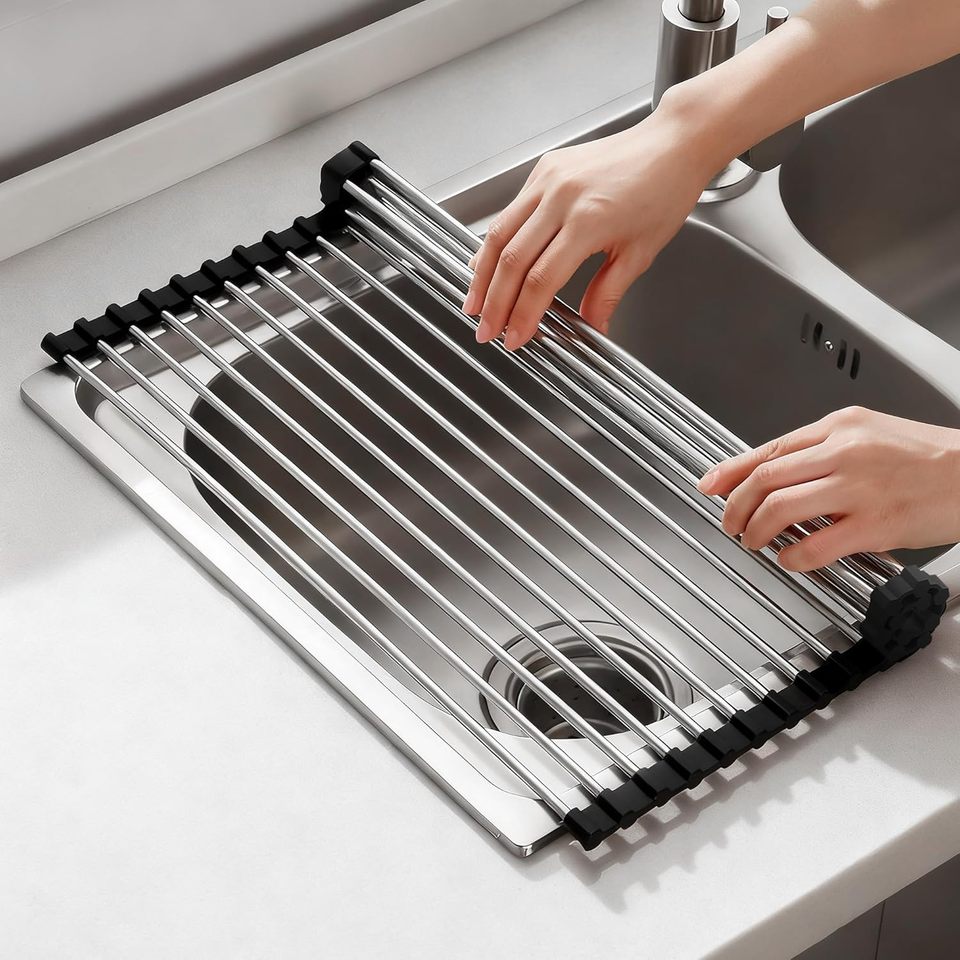  1217inch Foldable 15-Tube Stainless Steel Sink Drain Rack Kitchen Dish Vegetable Drying Holder Washing Water Draining Holder 