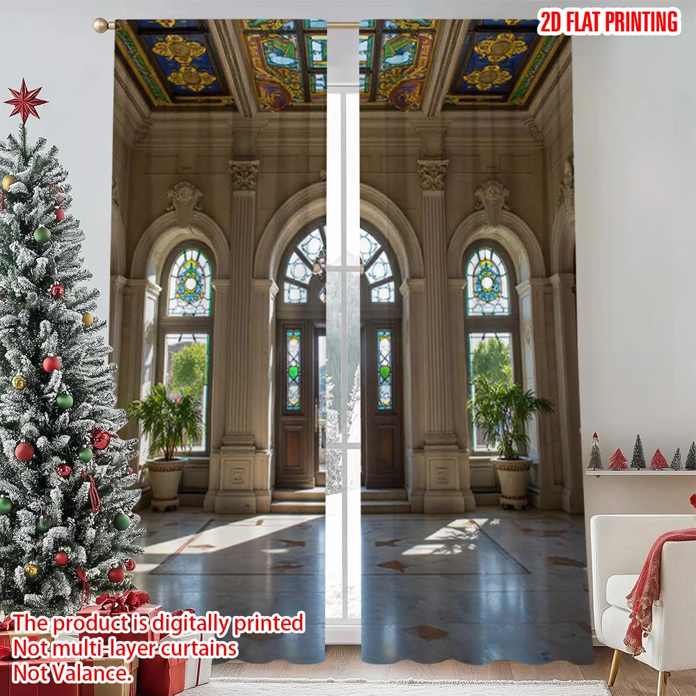 

2pcs 2D flat printing Merry Christmas Popular Window Curtains Palace Polyester Without Electricity Spring Party & Holiday Decor