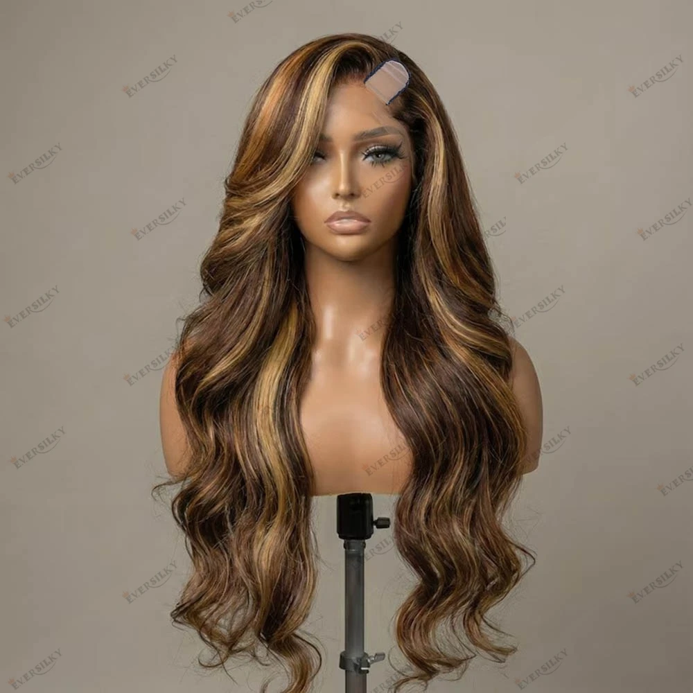 

30Inches Wavy Long Remy Human Hair 27# Strawberry Blonde Highlight Glueless Machine Made Black Women V Part Wig 1x4 U Part WIG