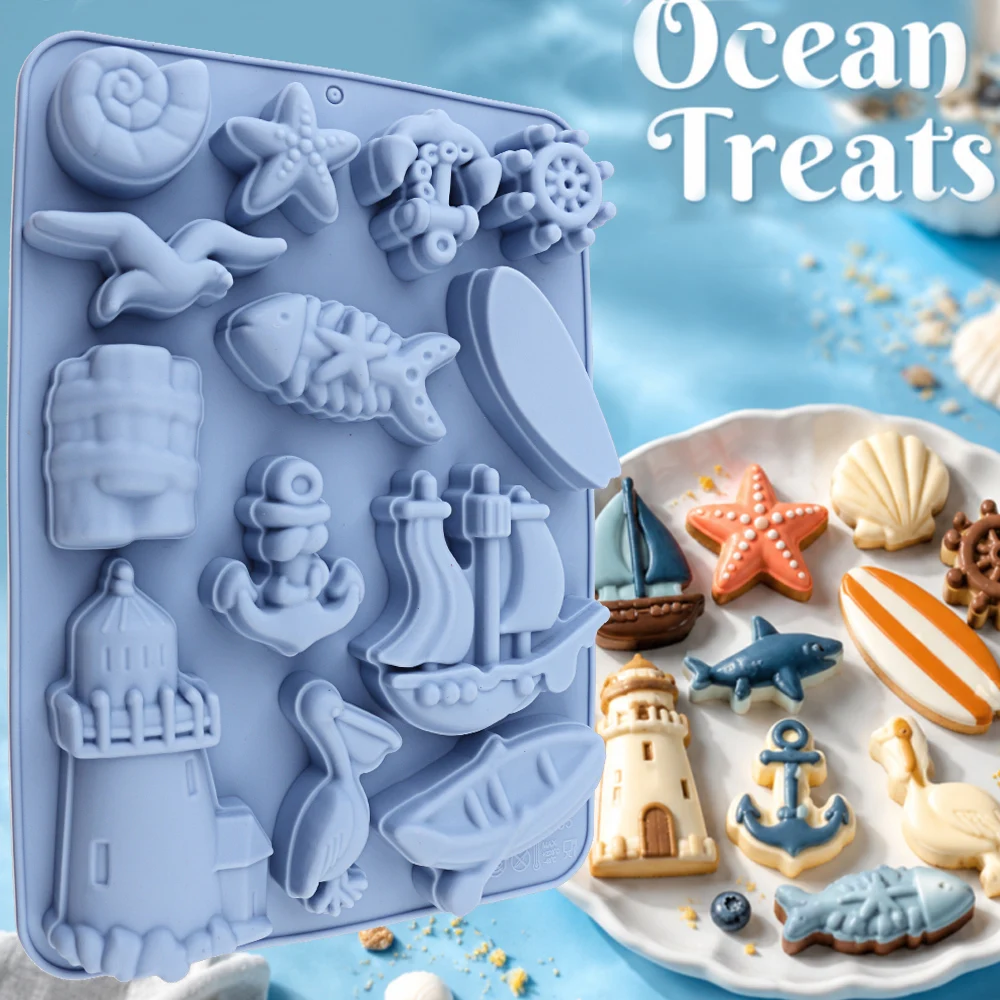 An ocean-themed silicone baking mold, non-stick and easy to release, made of food-grade silicone, suitable for making cupcakes, chocolates, cake decorations, and other baked goods. Ideal for beginners DIY, creative baking, and baking gifts