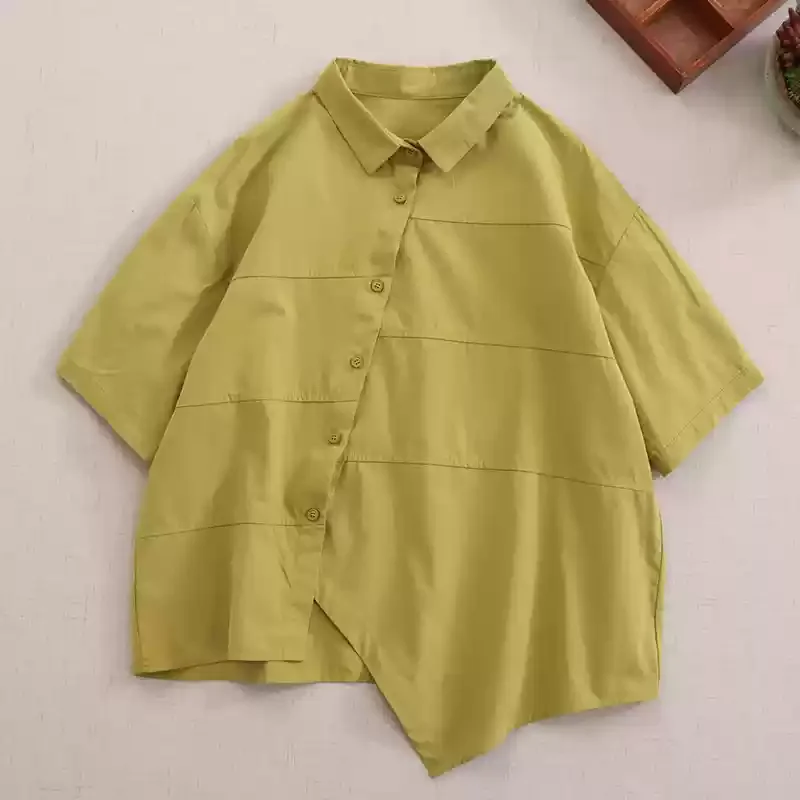 Japan Style Asymmetric Diagonal Button Short Sleeved Shirt Women Summer New Turn Down Collar Solid Color Casual Blouse Tops
