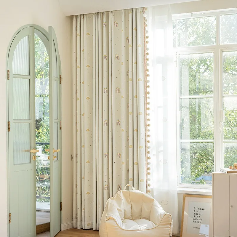 

Cream room curtains girl bedroom living room bay window yarn jacquard blackout rainbow curtains