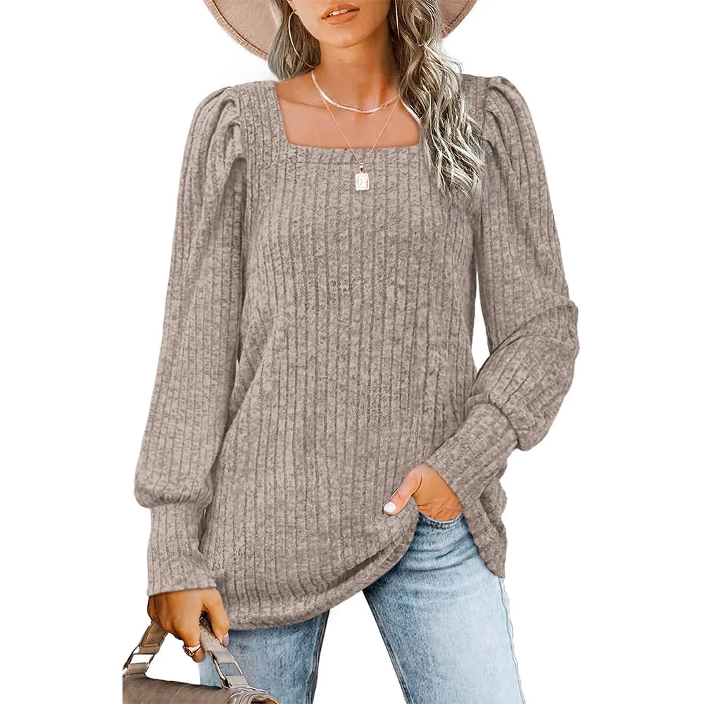 Long Sleeve Shirts for Women Trendy Casual Square Neck Tops Lightweight Sweaters