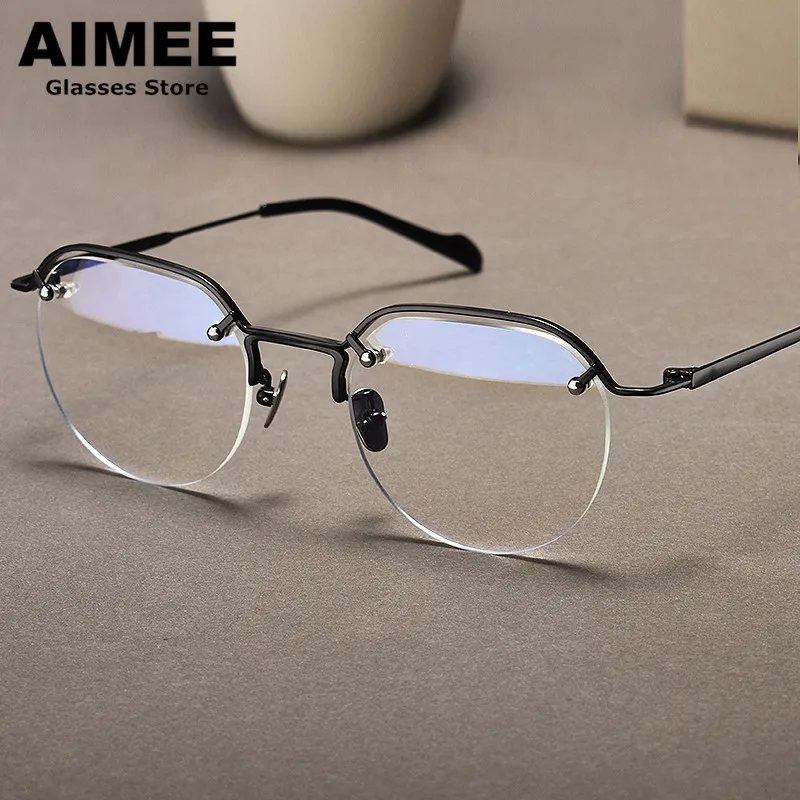 

Japanese Pure Titanium Ultralight Glasses Frame Men Big Size Half-Frame Prescription Eyeglasses Women Retro Round Myopia Eyewear