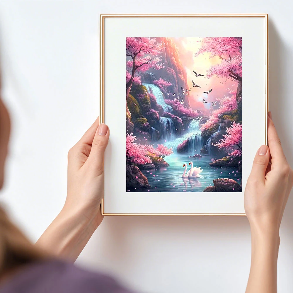 Vollständiges Diamant-Gemälde Schwan Wasserfall Blume Diamant-Mosaik Landschaftskunst Dekorative Gemälde, Rahmenlos