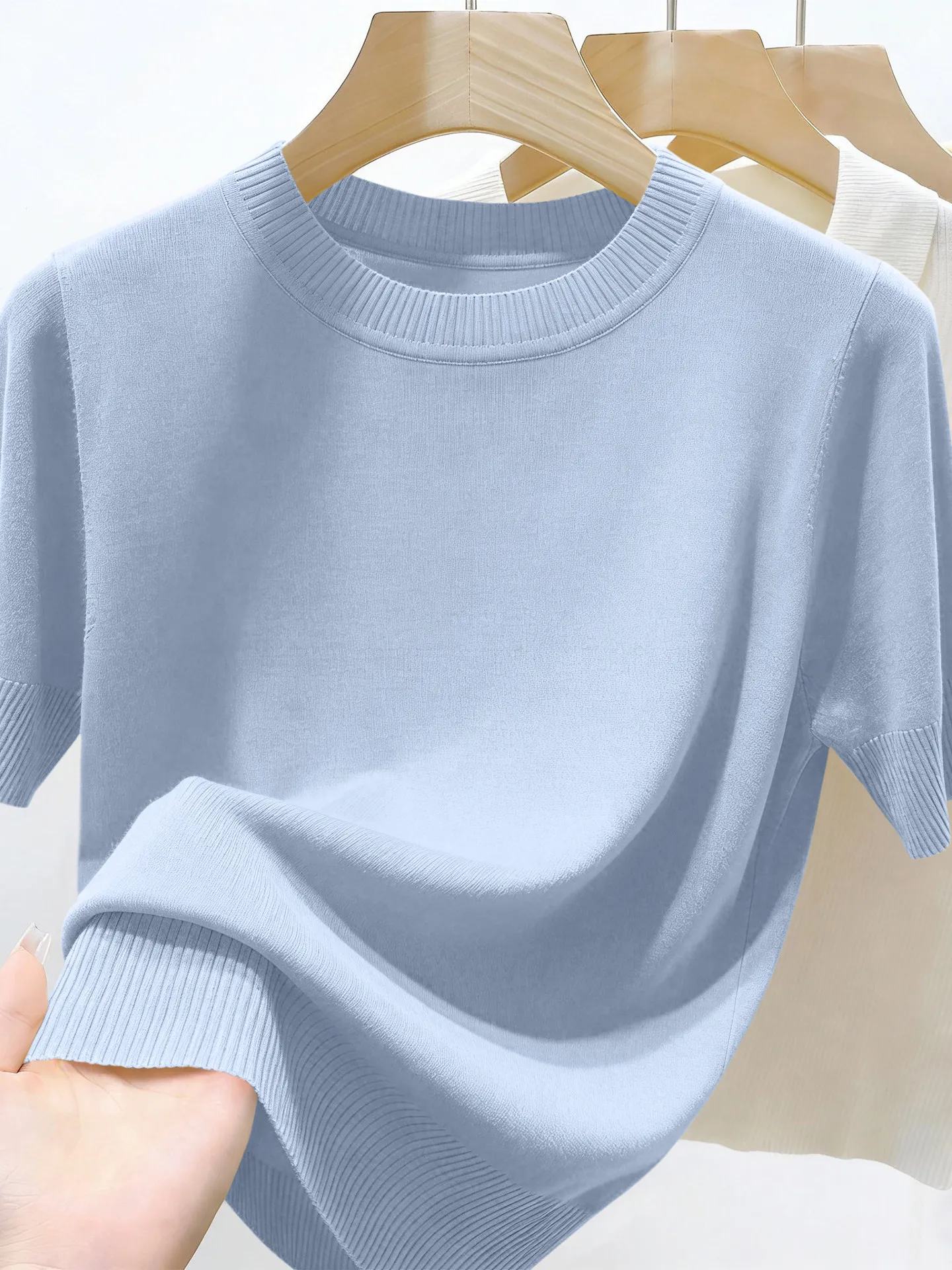 Outlet Guangzhou Thirteenth Factory Korean Style round Neck Short Sleeve Thin Knitted T-Shirt Women Anti-Aging Top Summer
