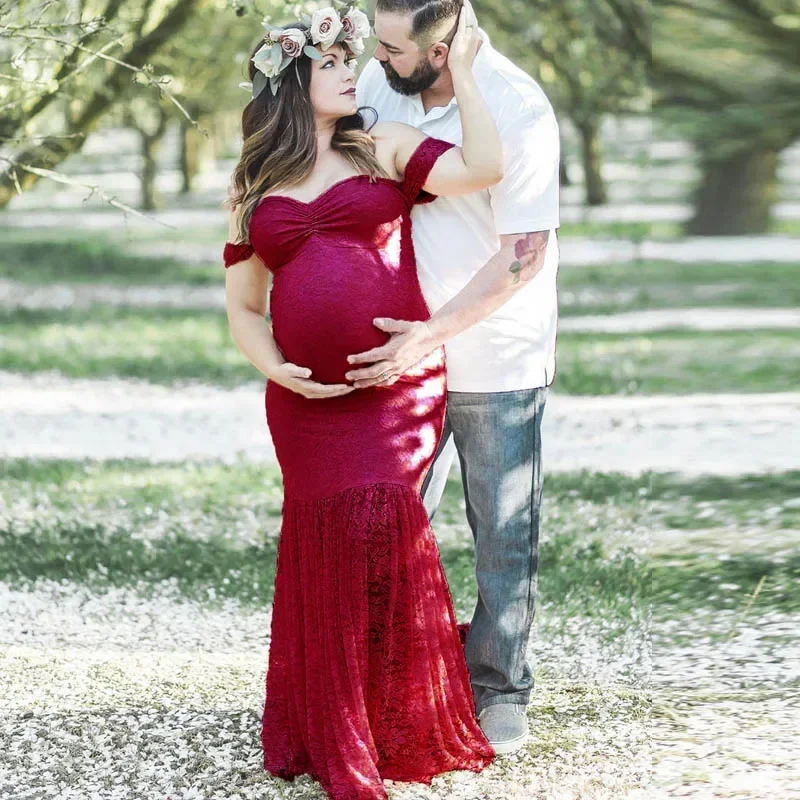 Maxivestido de encaje con cola de pez para mujer embarazada, ropa de maternidad Sexy para sesión de fotos, accesorios de fotografía