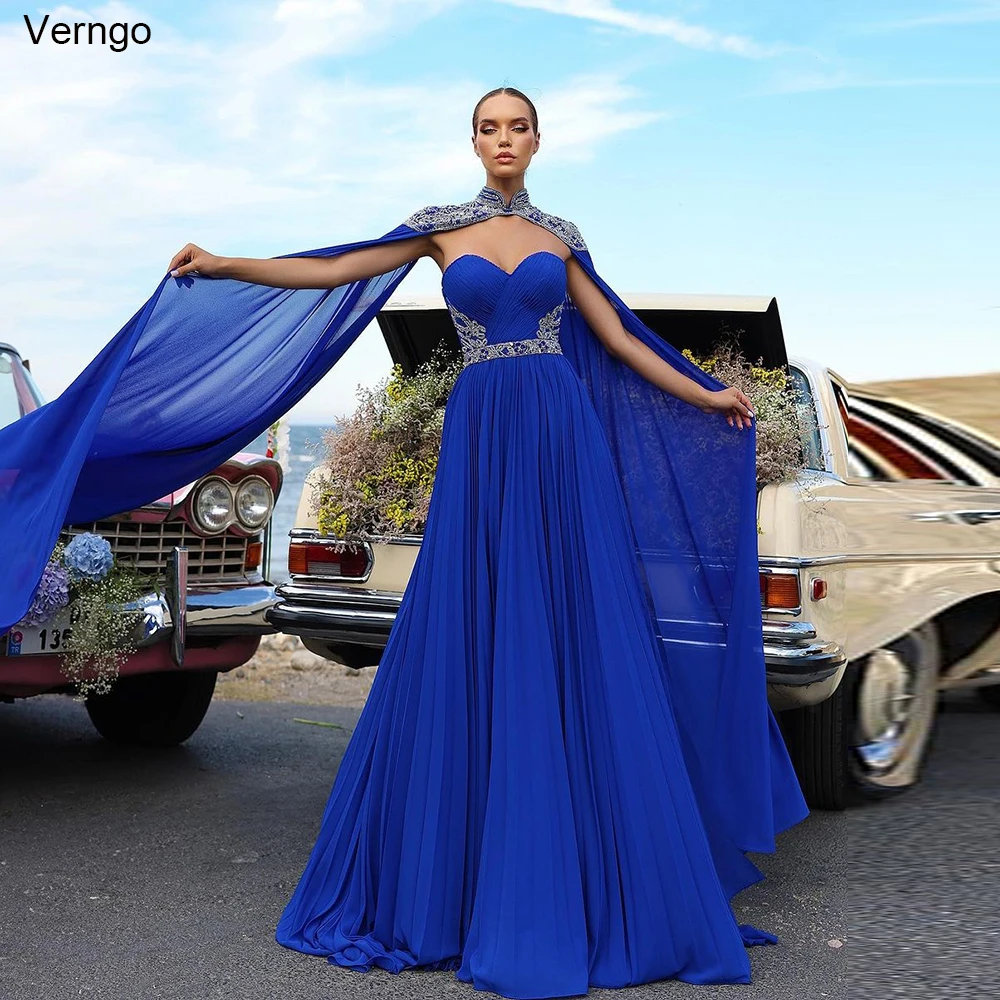 

Verngo A-line Long Prom Dresses Chiffon Cap Sleeves Evening Party Dress Appliques Sweetheart Formal Occasion Gown Robe De Soirée