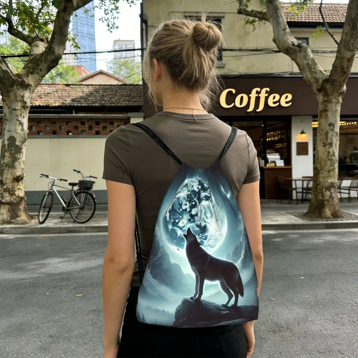 Howling Wolf Under The Moonlight Print Backpacks Casual Drawstring Bundle Pocket Storage Bag Book Bags for Man Woman Students