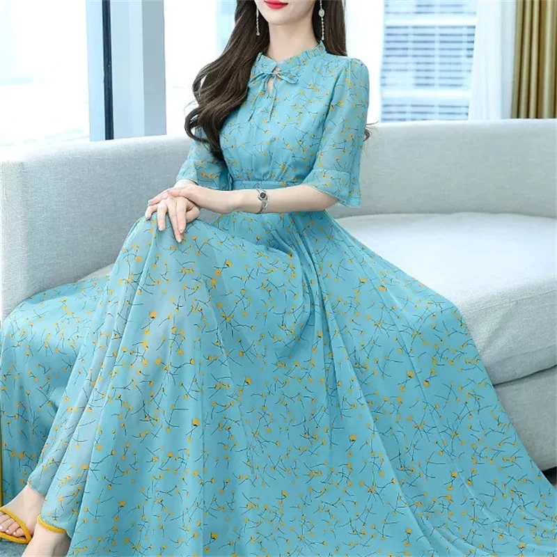 2024 Summer Floral Dresses For Women Korean Party Casual Beach Chiffon Formal Maxi Elegant Spring Long Evening Dress