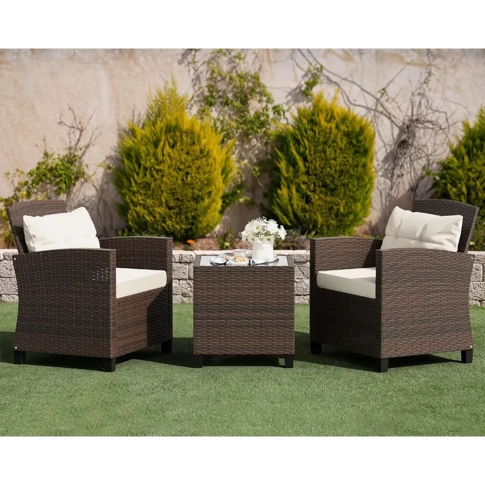 Juego de muebles de mimbre para Patio, sillas de mimbre de PE con mesa, muebles de exterior, conjunto de conversación de mimbre marrón, 3 piezas