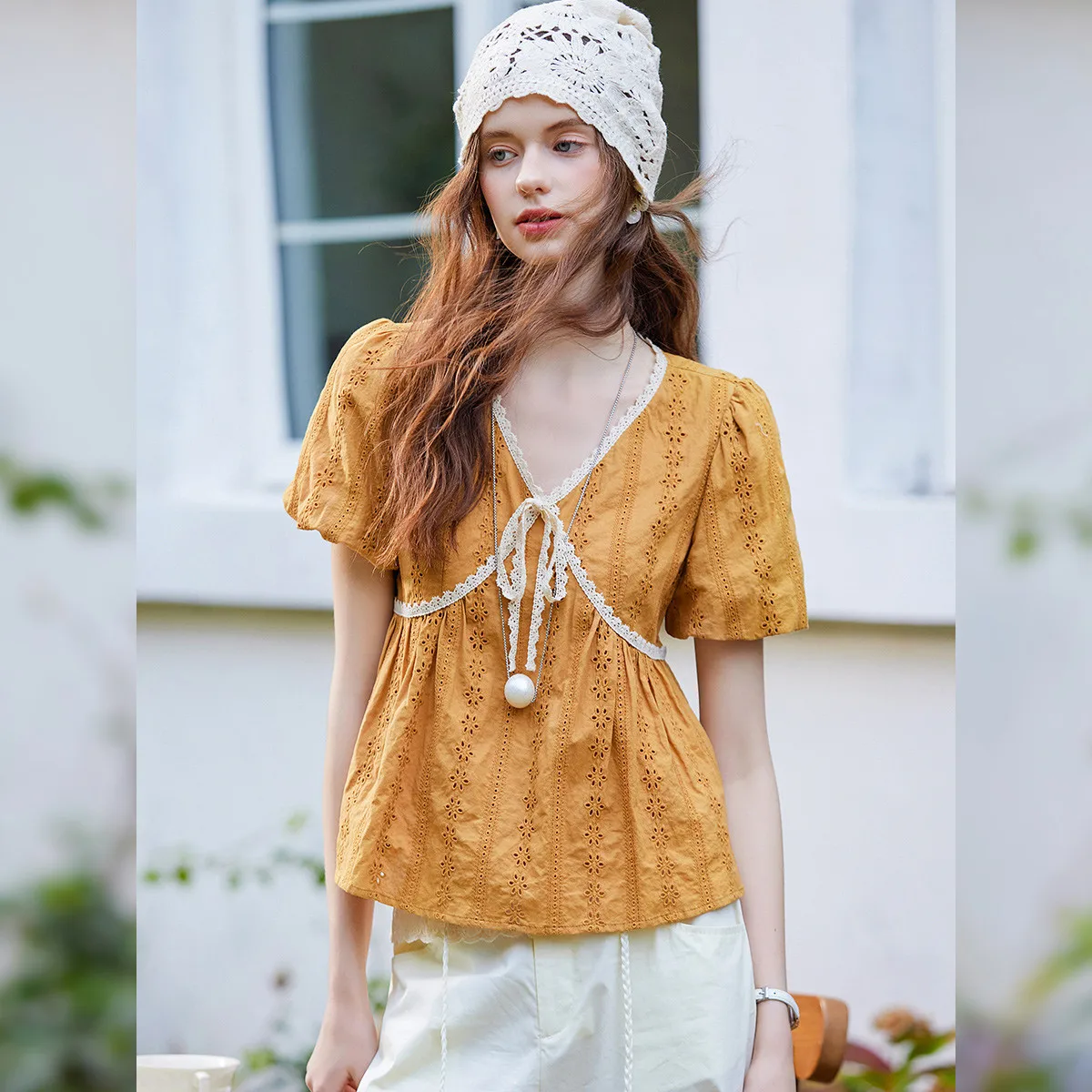 LOUIS YAO New Patchwork Lace-up Women's Shirt 2025 Spring Blouses Sweet Hollow Out Tops Lace V-Neck Bubble Sleeve Shirt 