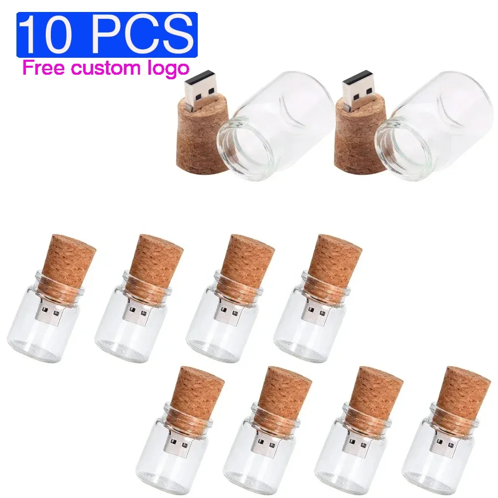 

10PCS/LOT Glass Drift Bottle Cork USB 2.0 Flash Drive 128GB Free Customized Logo Memory Stick Box Pen Drive Wedding Gift 64GB