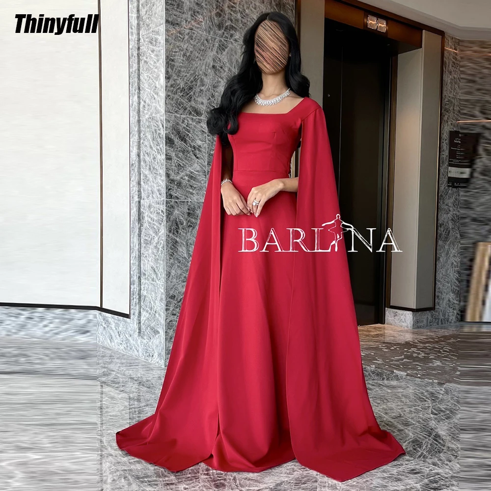 Thinyfull A-line Satin Arabia Prom Dresses Cap Sleeves Square Collar Evening Party Gowns 2024 Dubai Formal Occasion Dress