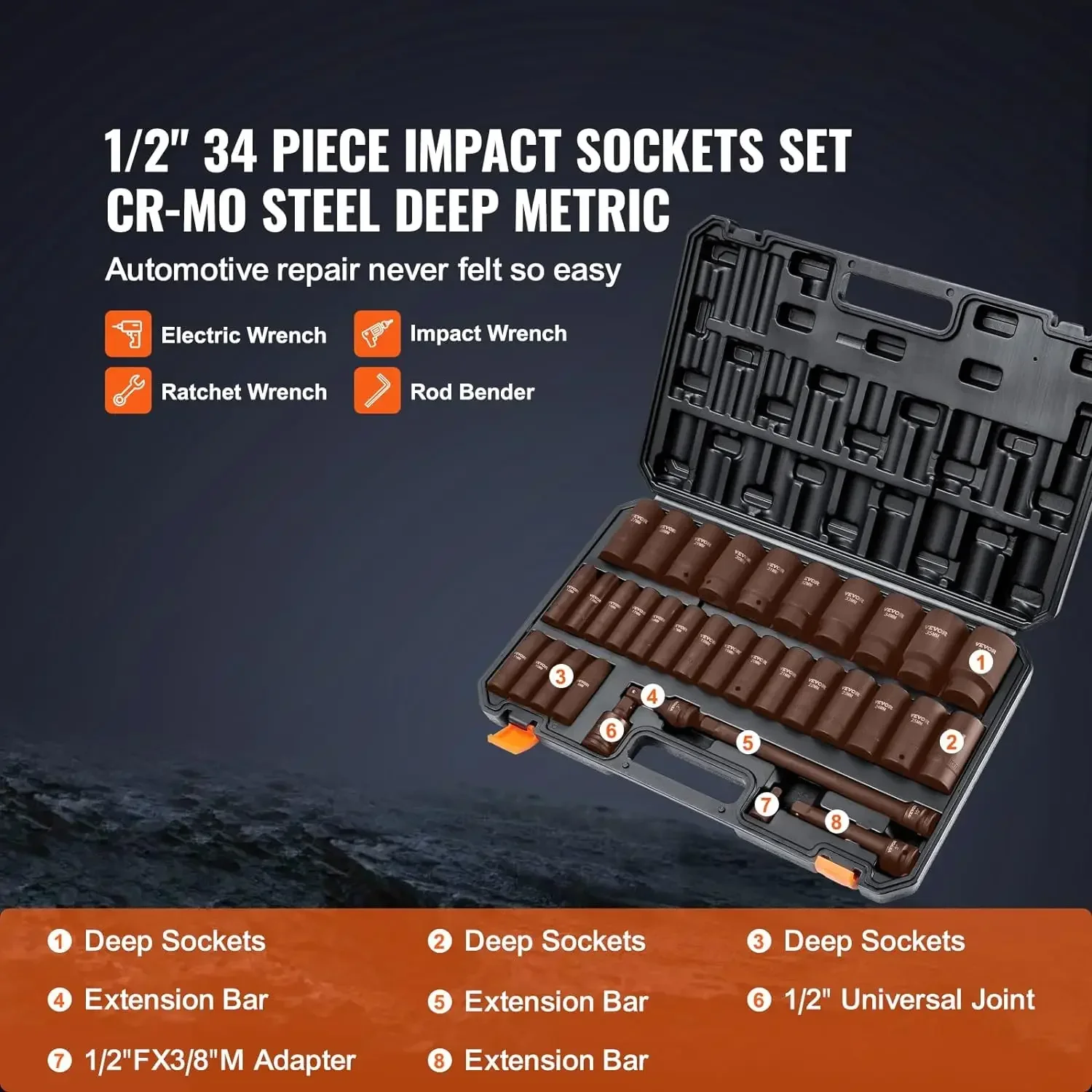 VEVOR slagdoppenset met 1/2 inch aandrijving, 34-delige dopsleutelset metrisch 8-36 mm, 6-punts Cr-MO gelegeerd staal, gemakkelijk afleesbare maatmarkeringen