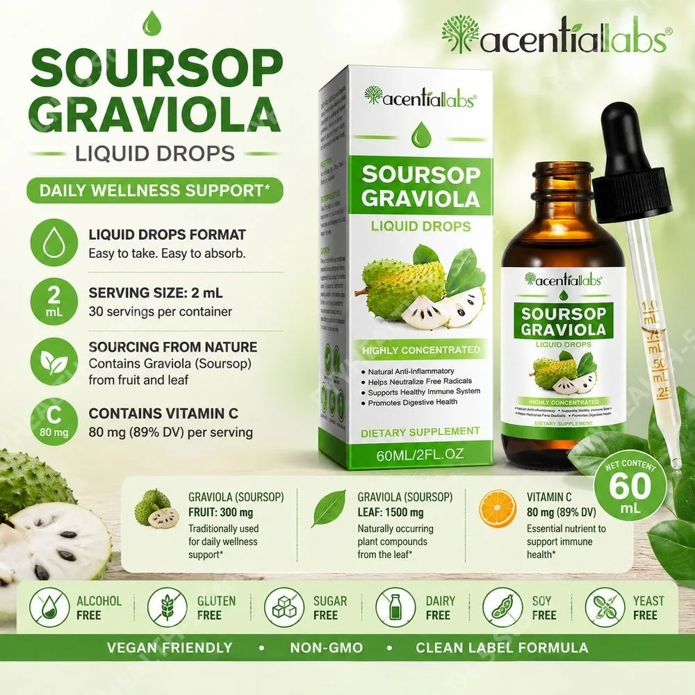 Acentilabs Soursop Graviola Liquid Drops with Vitamin C Immune & Digestive Health Support and Free Radical Support 60 ML