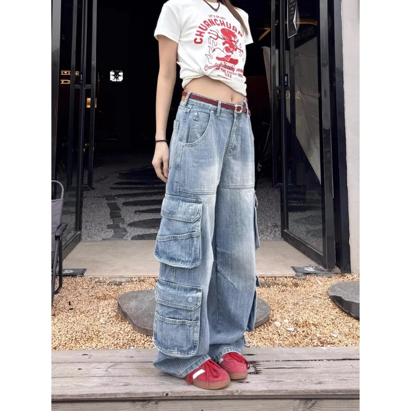 

Женские джинсовые рабочие брюки большого размера в американском стиле ретро с несколькими карманами, свободные прямые брюки длиной до пола