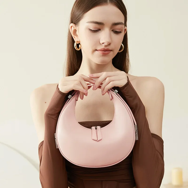 Women Genuine Leather Shoulder Bags Cowhide Crescent Bag Semi-round Moon Bag