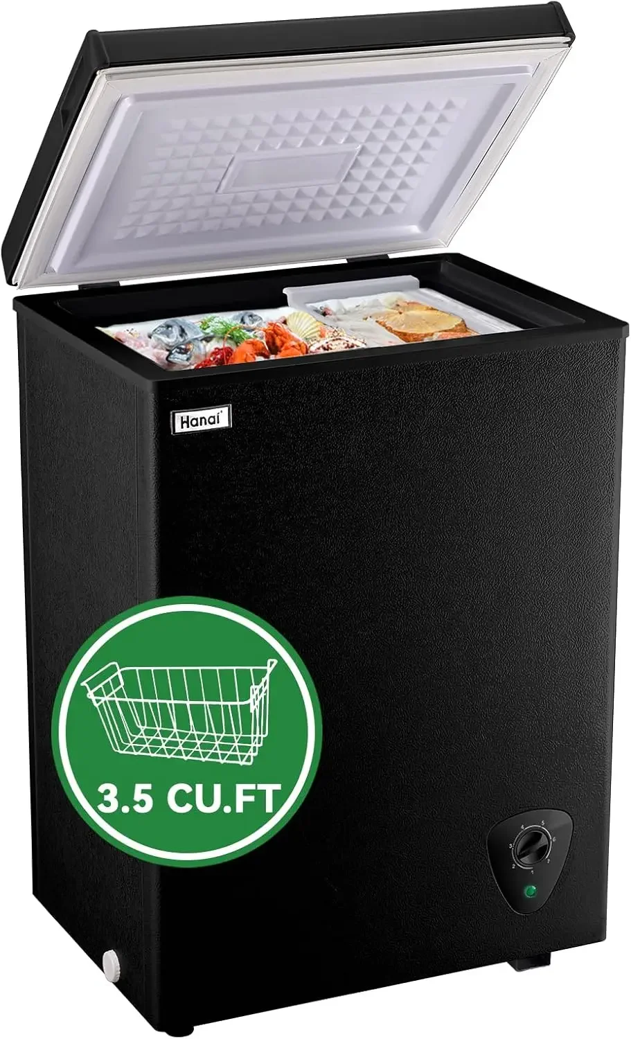 Congelador de peito pequeno e profundo, porta superior de pé livre, ajustável, 7 termostatos, cesta removível, preto, 3,5 cu. ft