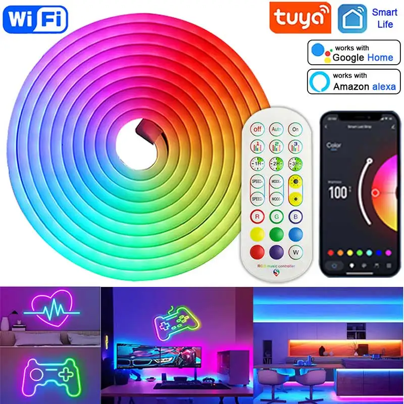 

Гибкая неоновая Светодиодная лента Tuya Smart Life, лампа для украшения дома, работает с Alexa Google Home, 5 в постоянного тока