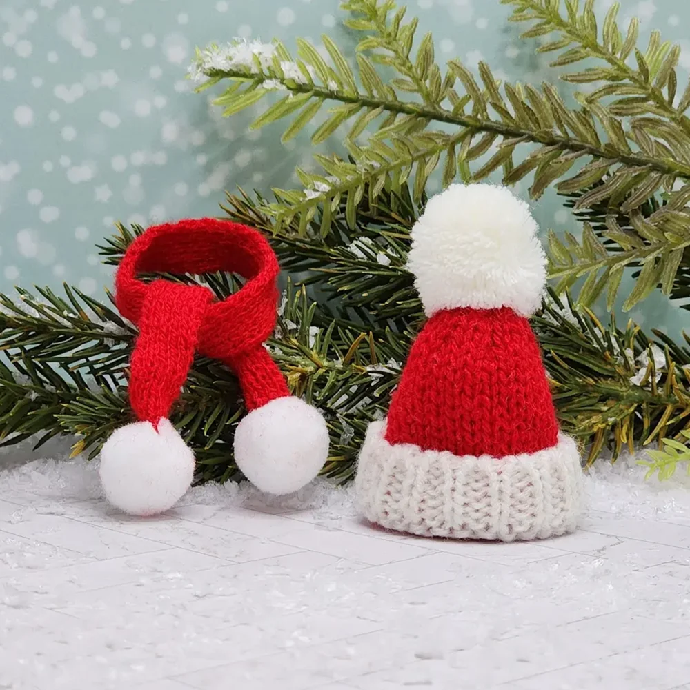 2 piezas de gorro y bufanda de Papá Noel en miniatura, accesorios de decoración navideña para elfos, suministros de manualidades, accesorios para figuras de anime, muñeco de nieve DIY.