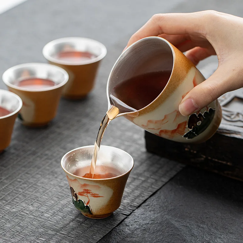 999Gilt Silver Tea Set Anti-Chai Burning Hand-Painted Pure Silver Complete Tea Set Gift Box for Home Use, Gift Giving, and Annua