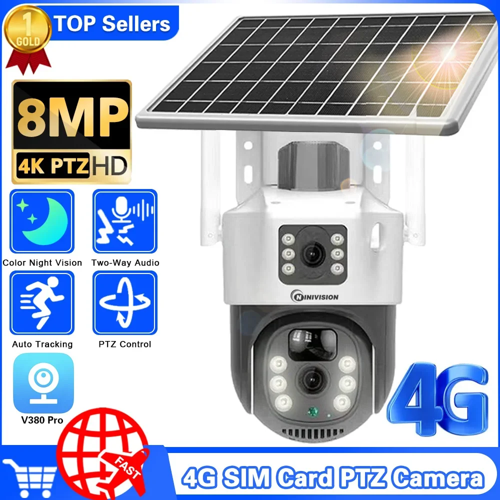 4G Sim Card 8MP PTZ Dual Lens Solar Outdoor Security Camera PIR Detection Waterproof V380 Pro Smart Baby Monitoring PTZ Camera