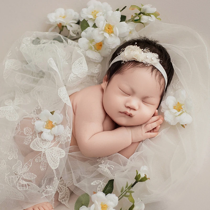 Reine weiße Neugeborene Fotografie Requisite Baby Mädchen schießen Dekoration Schmetterling Perle Mesh Hintergrund Decke Studio Foto zubehör