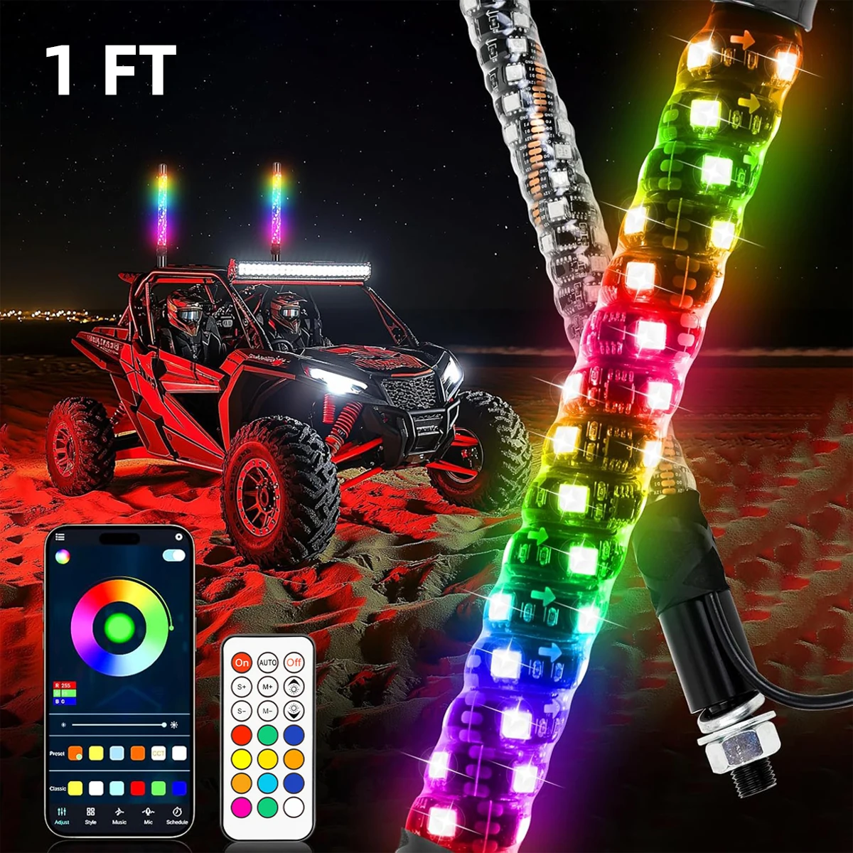 1FT LED Whip Light APP Remote Control Dancing Warning Antenna Flagpole Lights for ATV UTV SXS Off Road Truck Sand Buggy Dune RZR