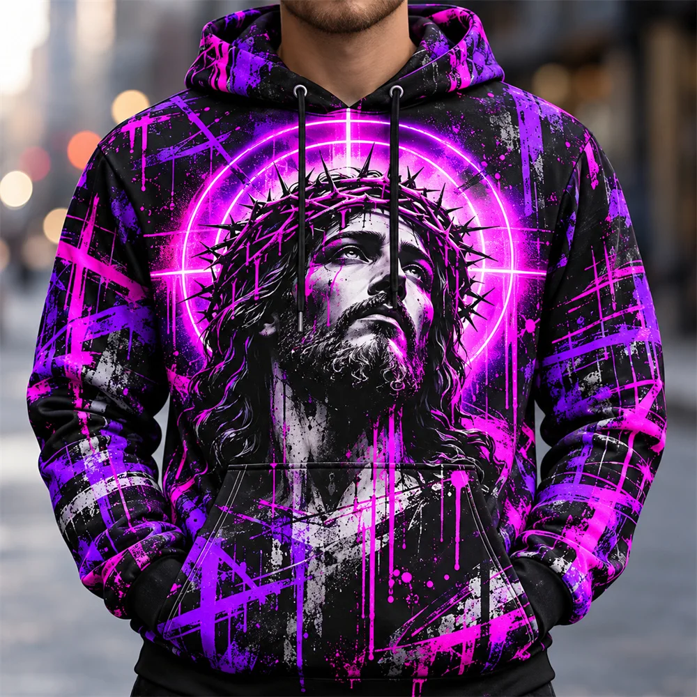 Jesus Crown of Thorns Hoodie for Men Black and White Splash 3D Printed Pullover Hoodie Christian Faith Graphic Hooded Sweatshirt