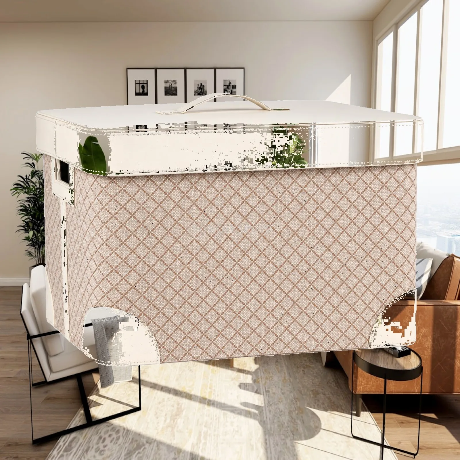 Lidded Leather Storage Basket for Toy Laundry Organizer with Top Handle Sturdy Woven Fabric Bin
