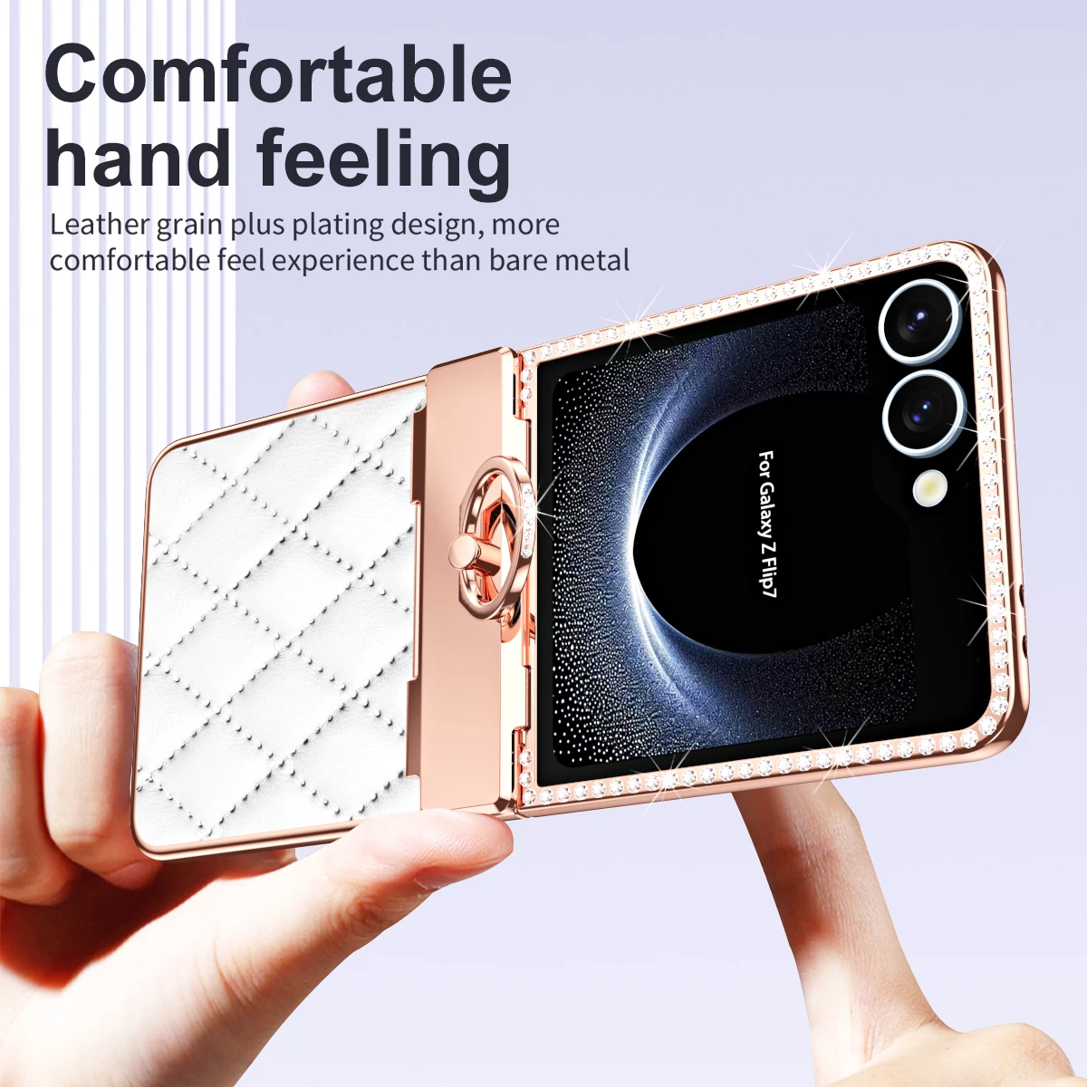 Etui na Samsung Galaxy Z Flip 7, galwanizowane, skóra teksturowana, brokatowe diamenty, z kółkiem do zawieszania, odporne na odciski palców. — zdjęcie produktu 5