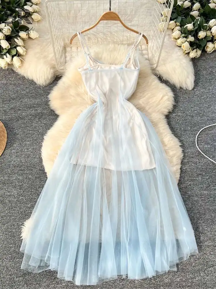 BabYoung Gentle Vacation Suits Women Sleeveless Straps Solid Mini Dress+Sheer Gauze Dress 2025 Fashion Sweet Beach Sets