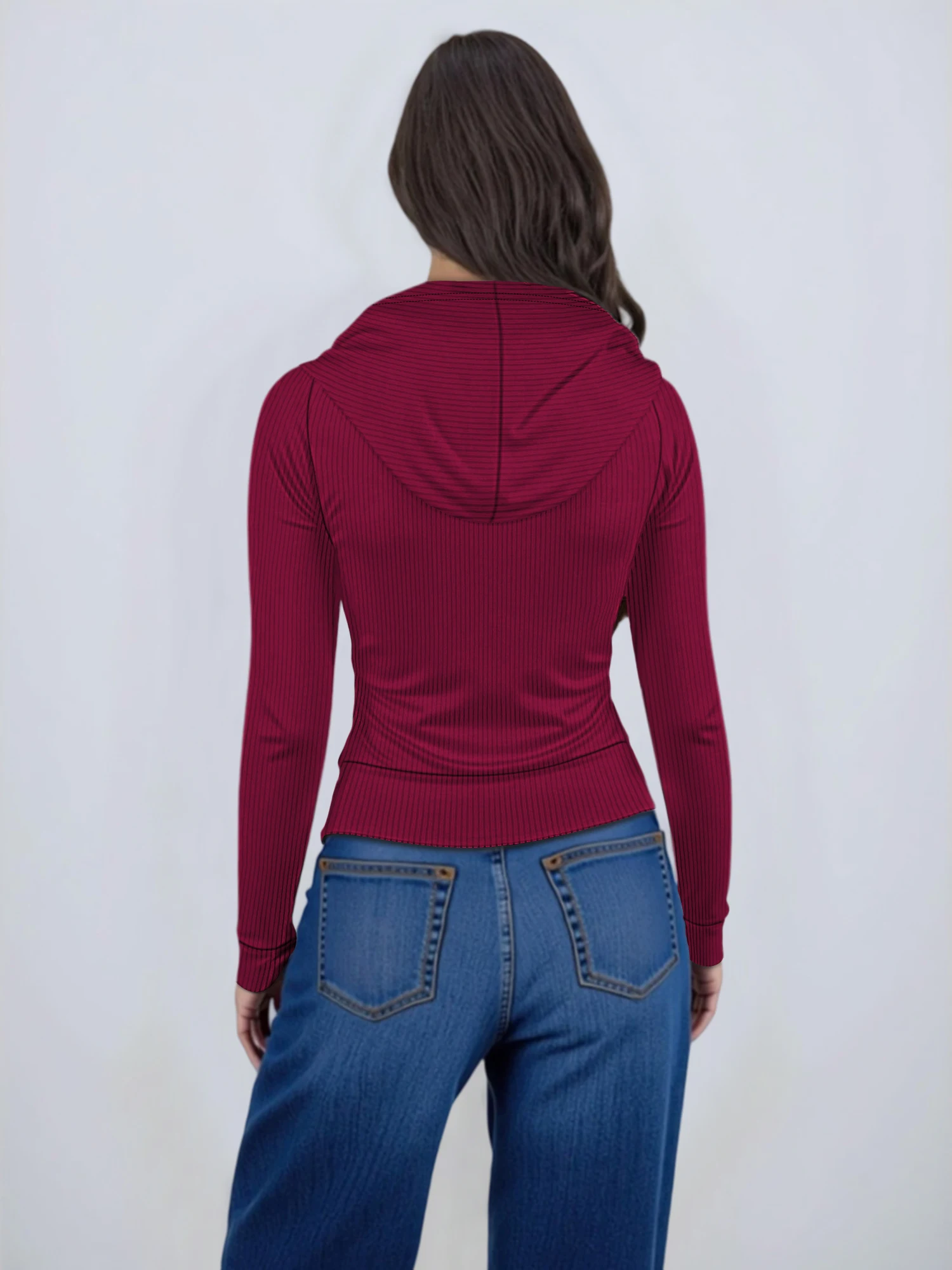 Women Ribbed Knit Full Zip Hoodie Long Sleeve Slim Fit Cropped Jacket with Drawstring Pocket