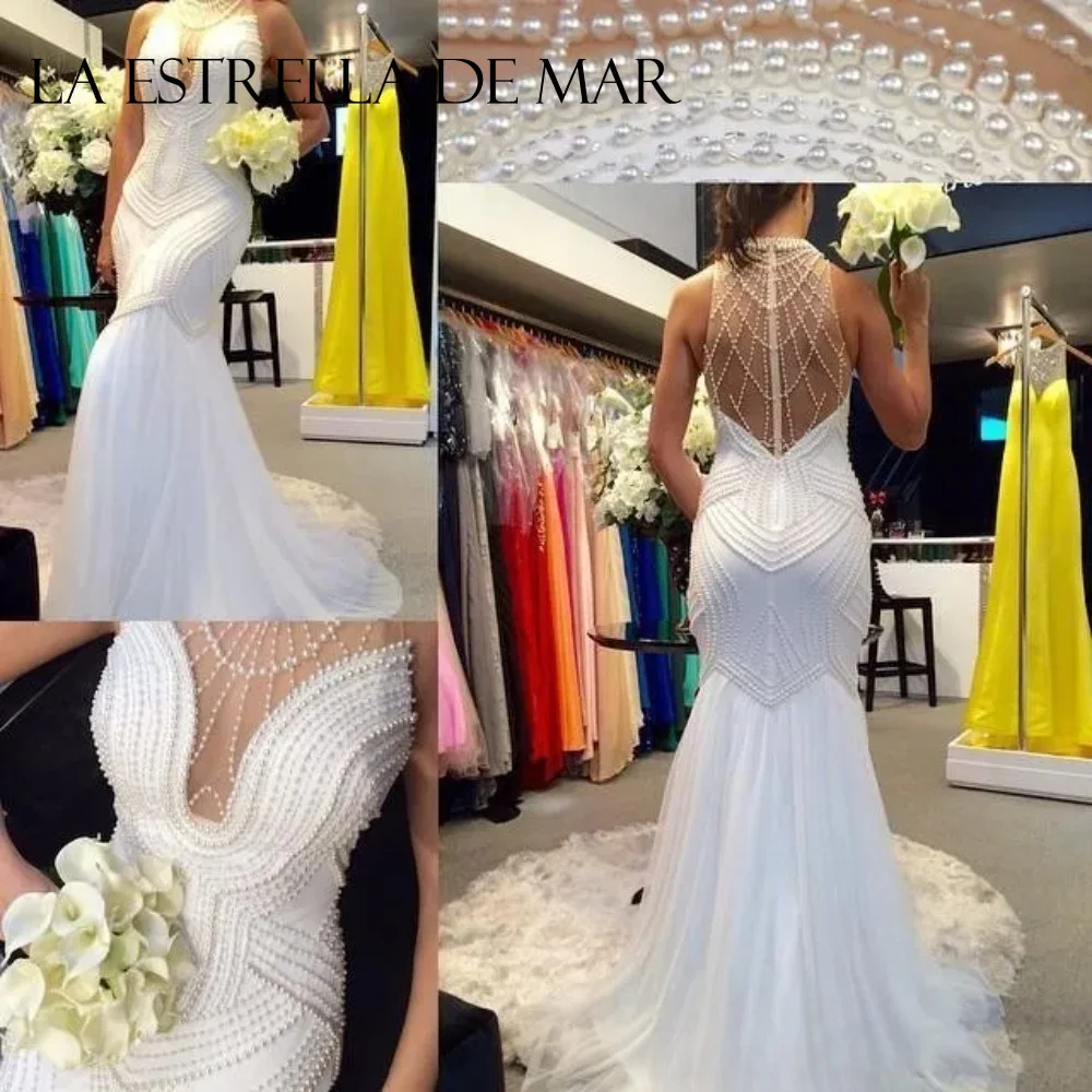 Sexy Mermaid Wedding Dresses White Chiffon High Neck Sleeveless with Pearls Open Back Sweep Train Custom Plus Size Bridal Gown
