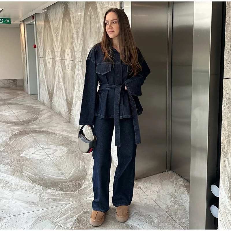 Zweiteiliges Vintage-Jeans-Set für Damen, einreihig, Reversgürtel, Jacke, passende Jeans mit hoher Taille und geradem Bein, lässiges tägliches Outfit – Detail 13