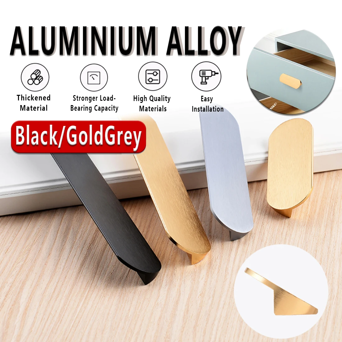 

Aluminum Flat Kitchen Cabinet Handles Cupboard Drawer Door Pull Grey/Black/Gold